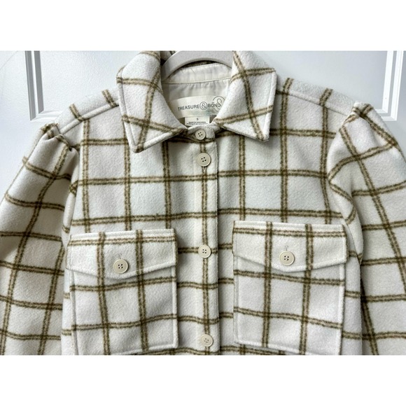 Treasure & Bond Plaid Puff Sleeve Shirt Jacket Ivory Plaid Button Up MSRP $129 - Picture 5 of 11